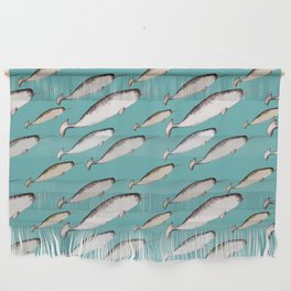 Narwhals - Narwhal Whale Pattern Watercolor Illustration Teal Blue Wall Hanging