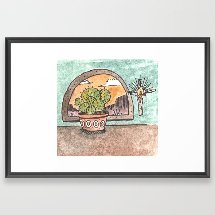 New Mexico Sunset With Cactus & Cross Framed Art Print