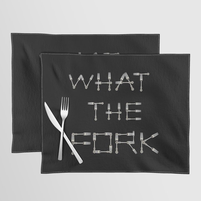 WHAT THE FORK design using fork images to create letters black background Placemat