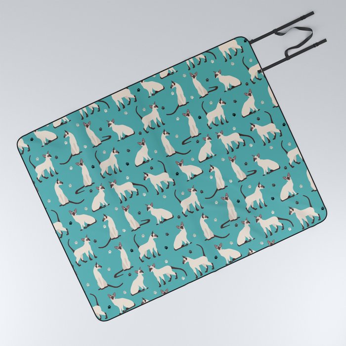 Siamese Cat and Paws Teal Blue Picnic Blanket