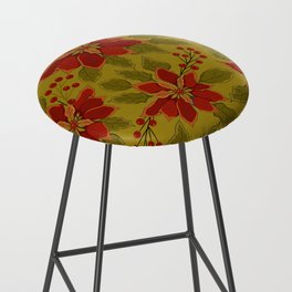 Festive Poinsettia Pattern in Ruby Red, Olive Green & Gold on Light Olive Background Bar Stool