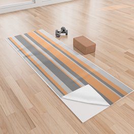 [ Thumbnail: Brown, Gray & Light Grey Colored Lined/Striped Pattern Yoga Towel ]