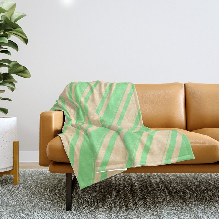 Beige and Light Green Colored Lines Pattern Throw Blanket