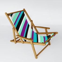 [ Thumbnail: Colorful Aquamarine, Purple, Dark Turquoise, Black & Mint Cream Colored Lines/Stripes Pattern Sling Chair ]