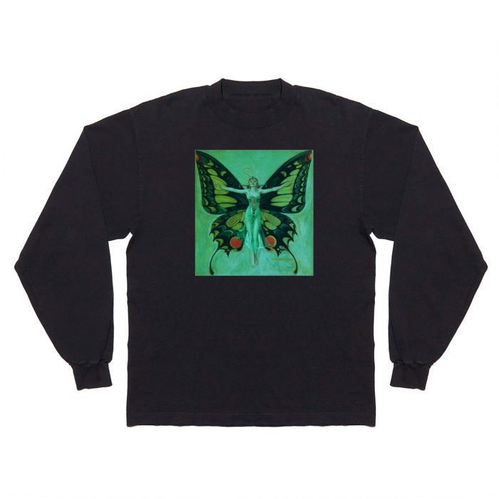 Vintage 1920's Flapper Fairy in Butterfly Costume Antique Old Hollywood Green Edit Long Sleeve T Shirt