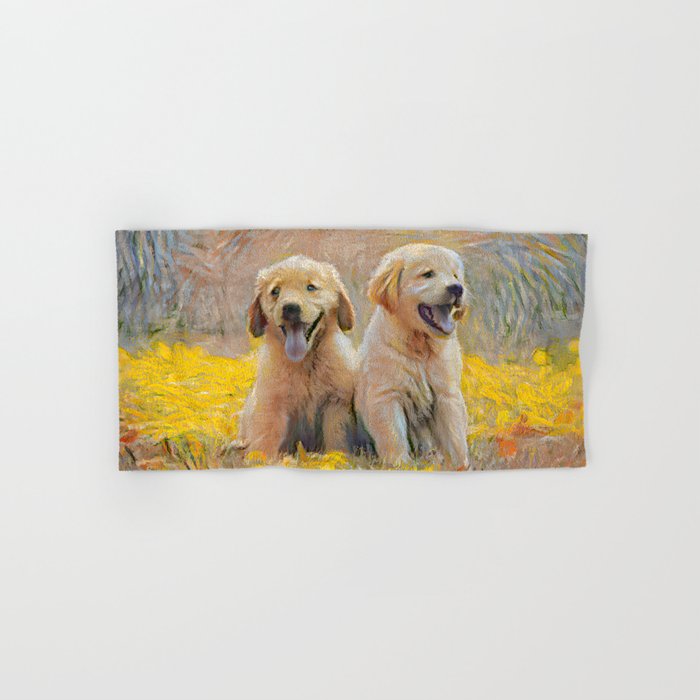Dogs Van Gogh Style Remix Impasto Painting, Cute Pet Art Pointillism Animals, Sunny warm design Hand & Bath Towel