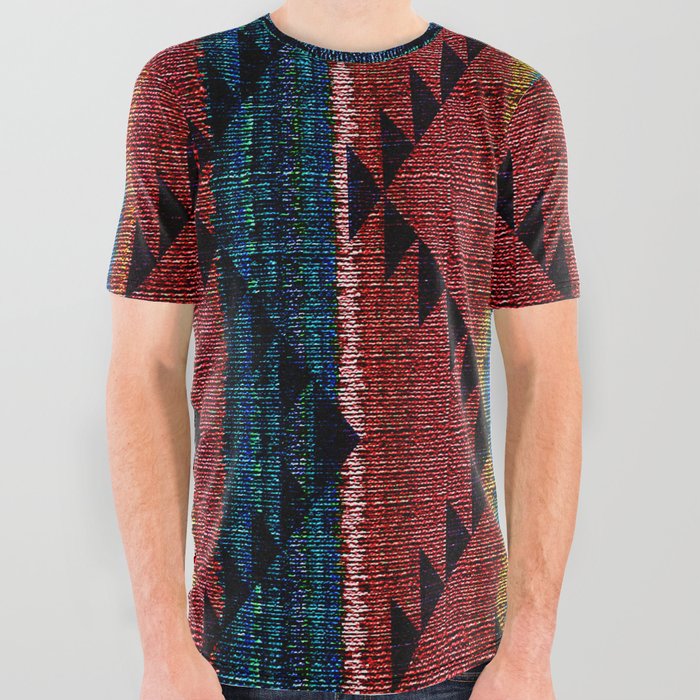 Tribal Pattern on Rustic Coarse Weave Look Colorful Stripes All Over Graphic Tee