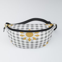 Gray Beige Colored Checker Board Effect Grid Illustration with Yellow Mustard Daisy Flowers Fanny Pack