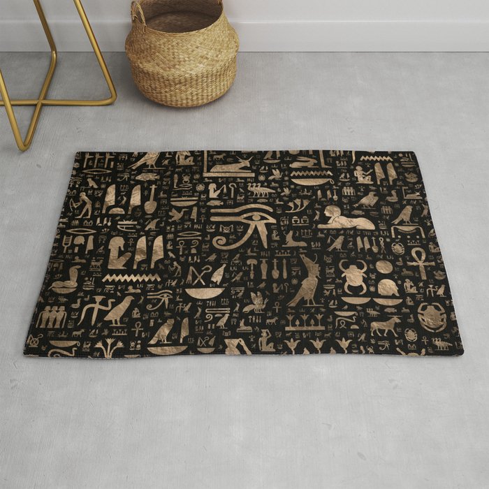 Ancient Egyptian hieroglyphs - Black and gold Rug