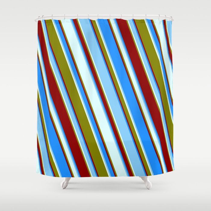 Vibrant Blue, Light Sky Blue, Light Cyan, Green & Dark Red Colored Lined/Striped Pattern Shower Curtain