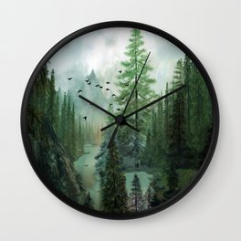 Mountain Morning 2 Wall Clock | Beauty, Curated, Pine, Digital, Home Decor, River, Tree, Watercolor, Clouds, Adventure 