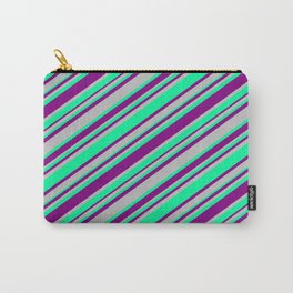 [ Thumbnail: Purple, Grey, and Green Colored Lines Pattern Carry-All Pouch ]