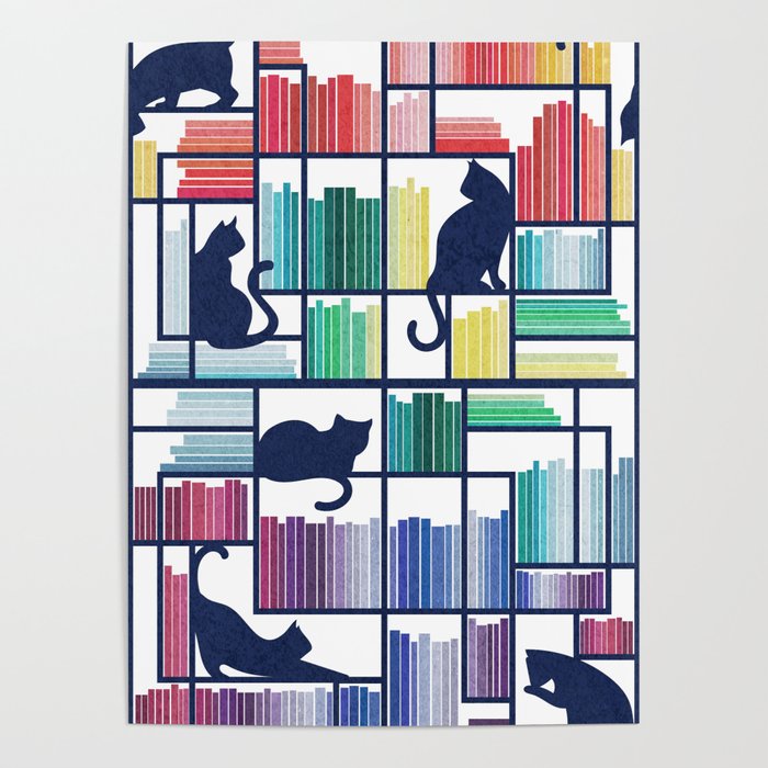 Rainbow bookshelf // white background navy blue shelf and library cats Poster | Graphic-design, Digital, Pattern, Bookshelf, Book, Library-cats, Literature, Reading, Bookstore, Shelves