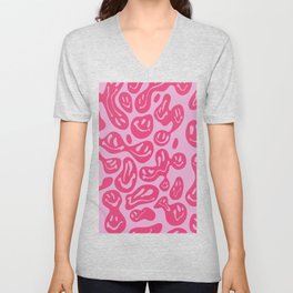 Hot Pink Dripping Smiley V Neck T Shirt