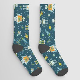 Robots in Space - Blue + Green Socks