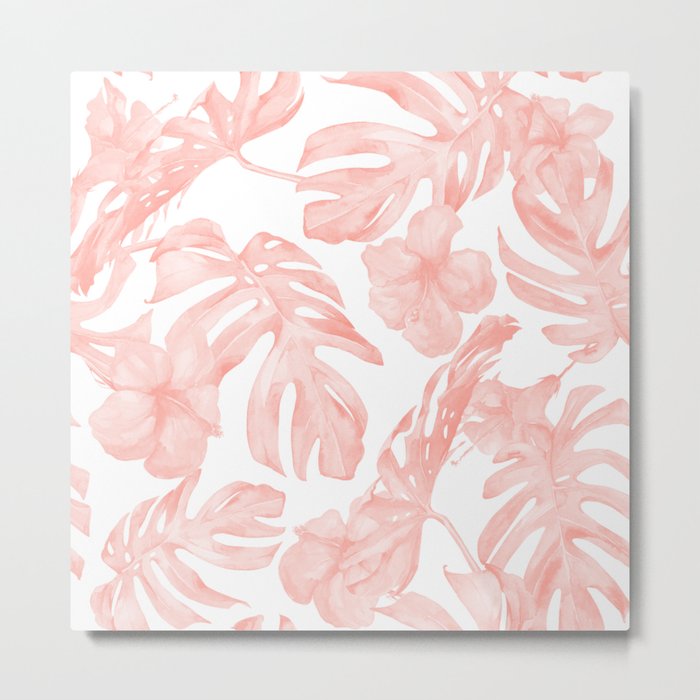 Tropical Palm Leaves Hibiscus Flowers Coral Pink Metal Print
