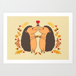 Hedgehogs Kissing Cute Woodland Animals Art Print | Forest, Kiss, Kissing, Cute, Animal, Children, Hearts, Nursery, Kids, Hugging 