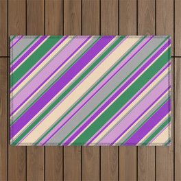 [ Thumbnail: Colorful Dark Orchid, Bisque, Dark Gray, Sea Green & Plum Colored Lines Pattern Outdoor Rug ]
