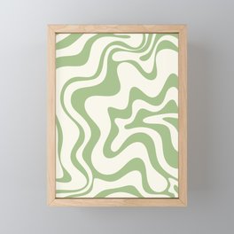 Retro Liquid Swirl Abstract Pattern Light Sage Green and Cream Framed Mini Art Print