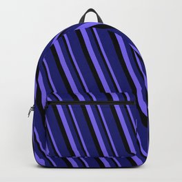 [ Thumbnail: Medium Slate Blue, Black, and Midnight Blue Colored Stripes Pattern Backpack ]