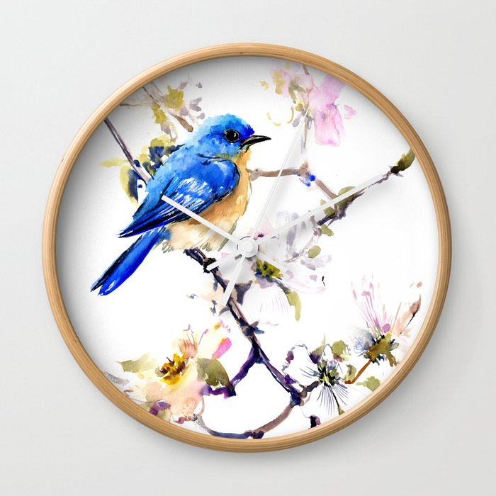 Bluebird and Dogwood, bird and flowers spring colors spring bird songbird design Wall Clock