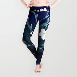 Night of the Blue & White Canadian Anemone and Lonely Female Figure by Marguerite Blasingame Leggings