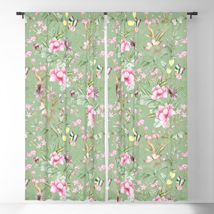 Vintage & Shabby Chic Chinoserie Pastel Spring Green Flowers And Birds Garden Blackout Curtain