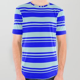 [ Thumbnail: Blue and Powder Blue Colored Stripes/Lines Pattern All Over Graphic Tee ]