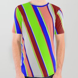[ Thumbnail: Eyecatching Light Gray, Blue, Dark Red, Salmon & Green Colored Lines Pattern All Over Graphic Tee ]