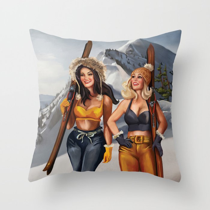 "Ski Bunnies" Cool Retro Winter Pinup Girl Art Throw Pillow