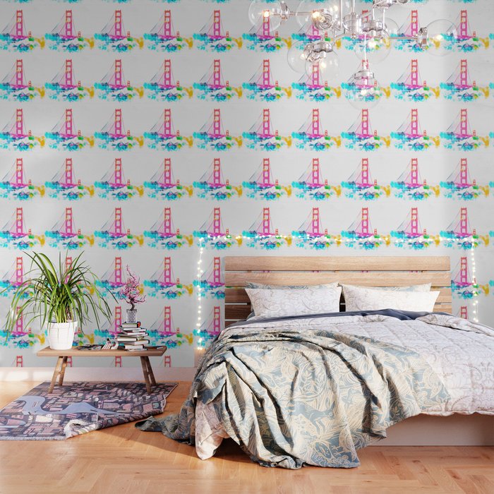 Golden Gate Bridge San Francisco Usa With Colorful Painting Abstract In Pink Blue Yellow Wallpaper By Timla