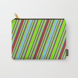 [ Thumbnail: Light Sky Blue, Brown, and Green Colored Striped/Lined Pattern Carry-All Pouch ]