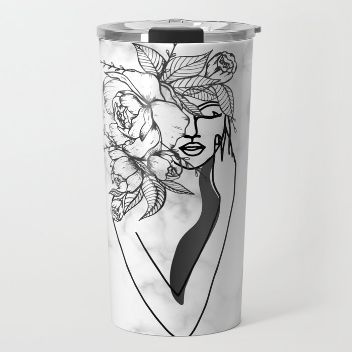 Woman with Flowers Marble Abstract Line Art Travel Mug