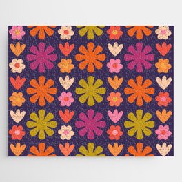 Scandi Floral Grid Retro 60s 70s Flower Pattern Purple Orange Lime Jigsaw Puzzle