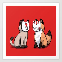 Cat and fox wearing japanese mask Art Print