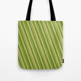 [ Thumbnail: Dark Khaki and Green Colored Striped/Lined Pattern Tote Bag ]