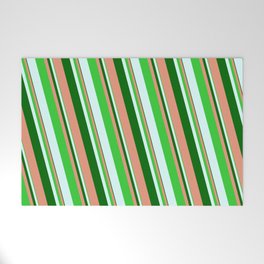 [ Thumbnail: Dark Green, Dark Salmon, Lime Green, and Light Cyan Colored Striped/Lined Pattern Welcome Mat ]