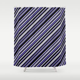 [ Thumbnail: Grey, Dark Slate Blue, and Black Colored Lined/Striped Pattern Shower Curtain ]