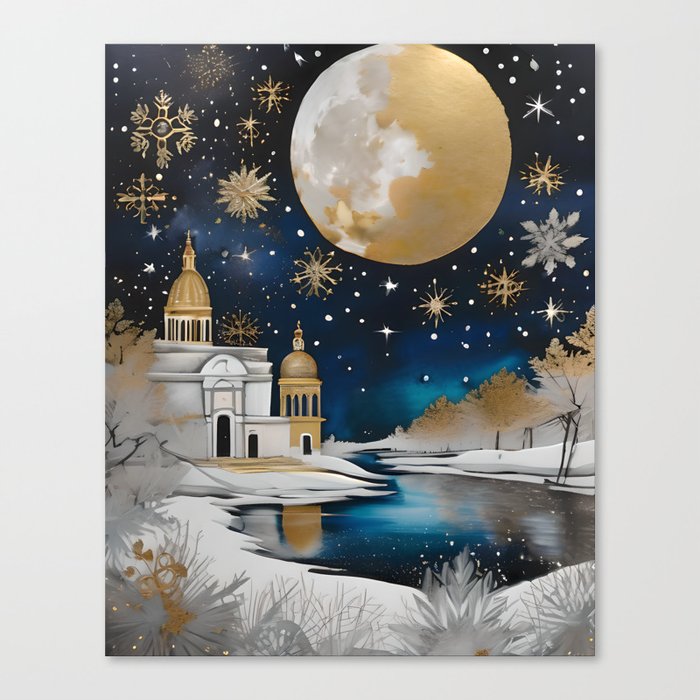 Christmas in Rome - Italy Winter Holiday Gold and Silver Landscape and Cityscape Art Canvas Print