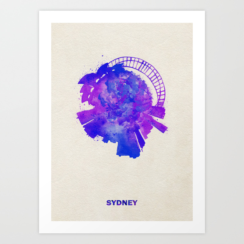 Sydney Australia Colorful Skyround Skyline Watercolor Painting