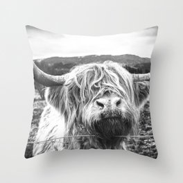 Highland Cow Nose Barbed Wire Fence Black and White Throw Pillow
