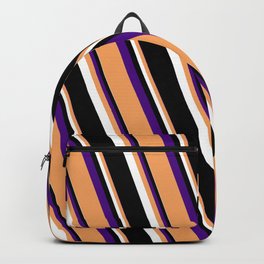 [ Thumbnail: Indigo, Brown, White & Black Colored Striped Pattern Backpack ]