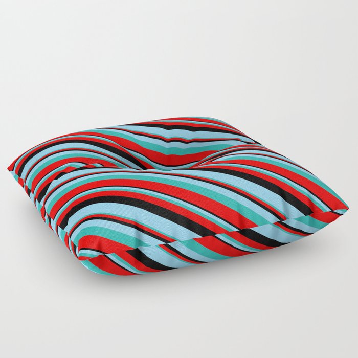 Black, Sky Blue, Light Sea Green & Red Colored Lines/Stripes Pattern Floor Pillow