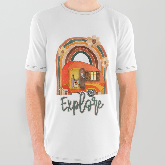 Explore Camping Rainbow Vintage All Over Graphic Tee