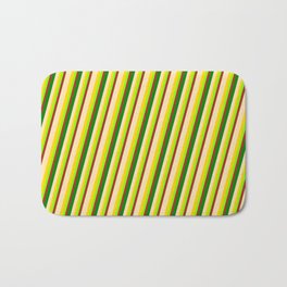 [ Thumbnail: Vibrant Beige, Yellow, Chartreuse, Red & Green Colored Pattern of Stripes Bath Mat ]