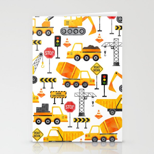 Watercolor Construction Vehicles Stationery Cards