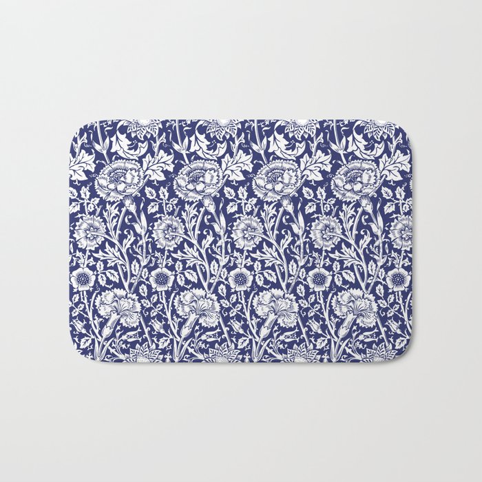 William Morris Floral Pattern | “Pink and Rose” in Navy Blue and White | Vintage Flower Patterns | Bath Mat