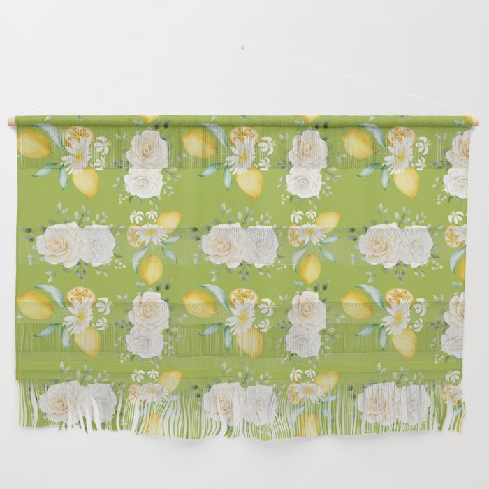 Lemons and White Flowers Pattern On Light Green Background Wall Hanging