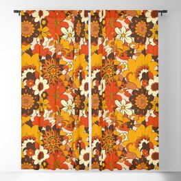 Retro 70s Flower Power, Floral, Orange Brown Yellow Psychedelic Pattern Blackout Curtain
