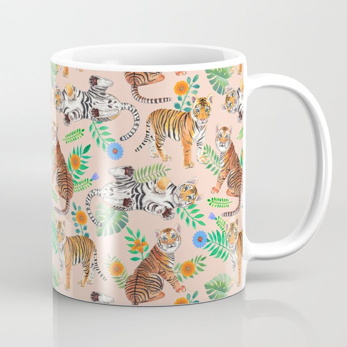 Tiger Cubs and Flowers (Beige) Coffee Mug